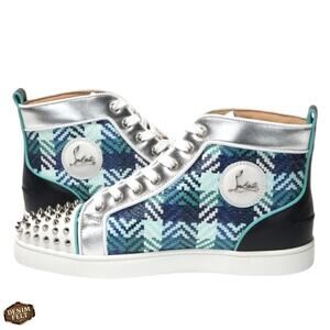 Christian Louboutin Lou Spikes Orlato Plaid High Tops Blue Silver Size 40 EU NEW